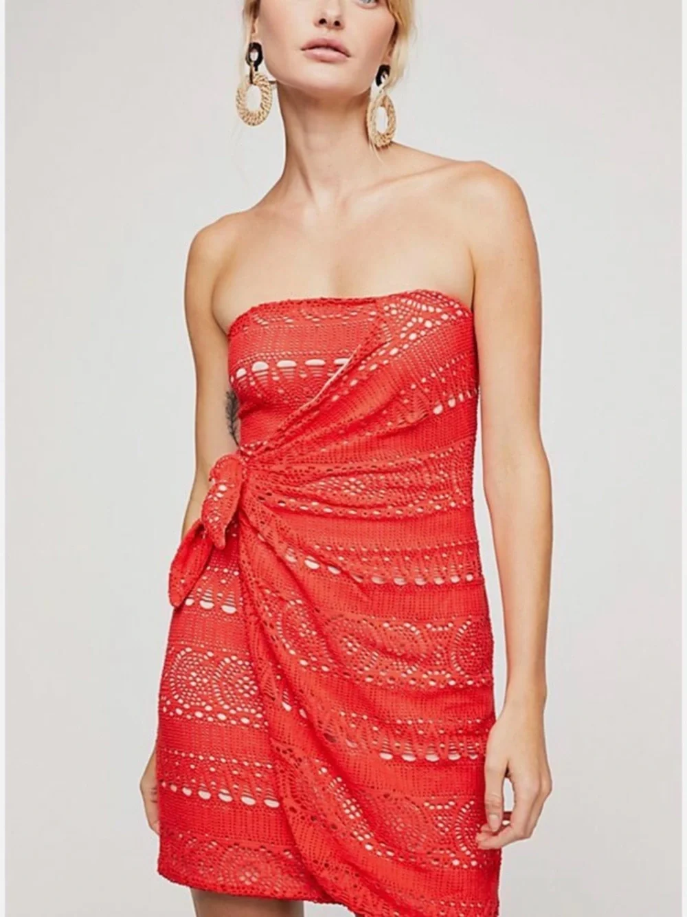 Free People Red Crochet Strapless Mini Dress